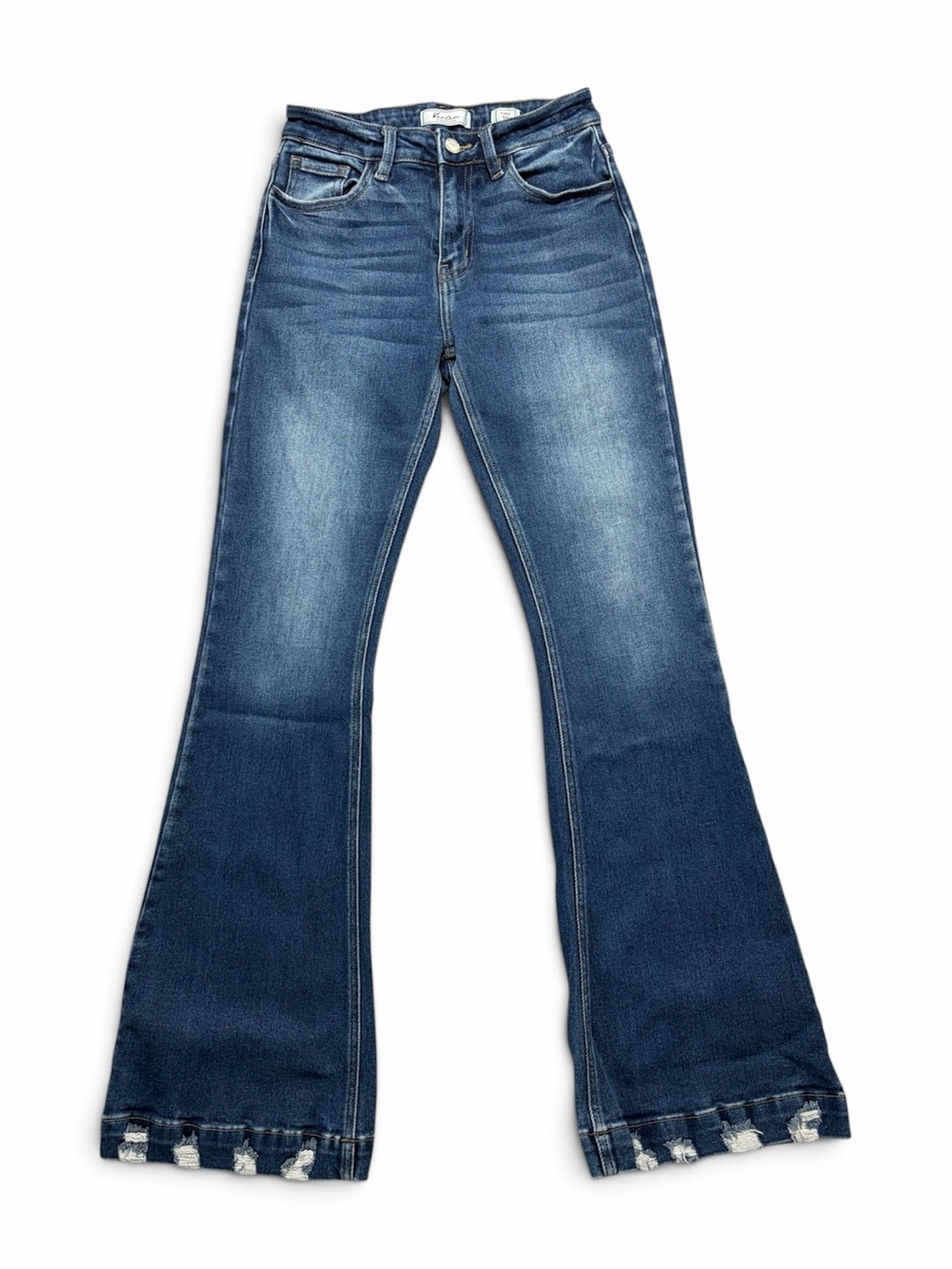 KanCan Kurvy Mid Rise Flare Jeans Size 26 Blue Stretch Denim Distressed Hem
